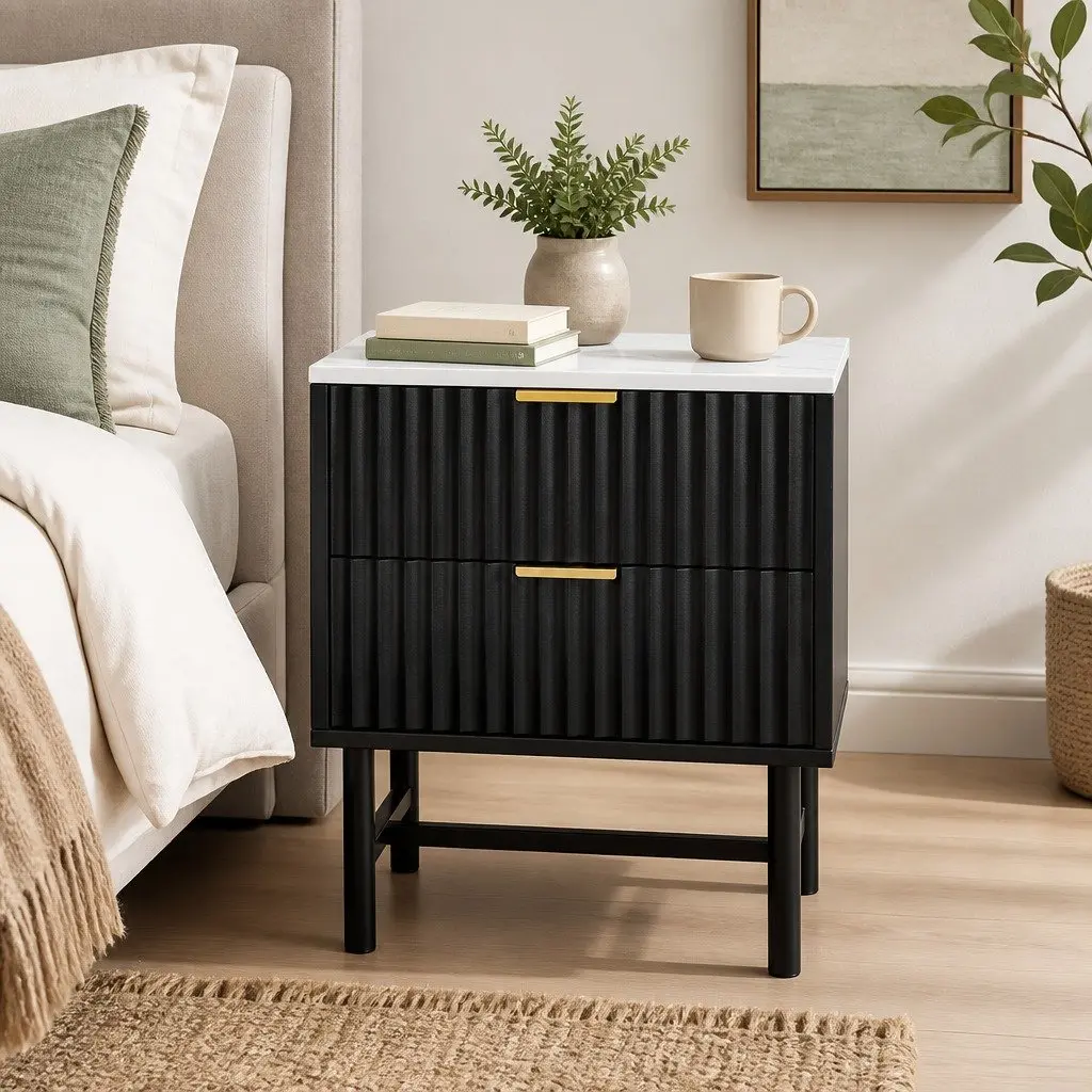Bedside Table Black White 2 Drawers Compact Storage Nightstand