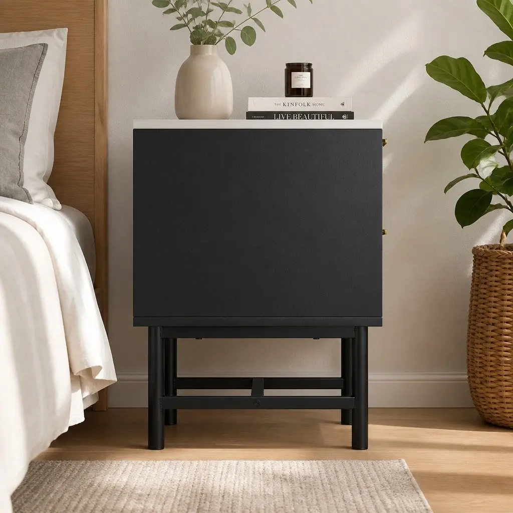 Bedside Table Black White 2 Drawers Compact Storage Nightstand