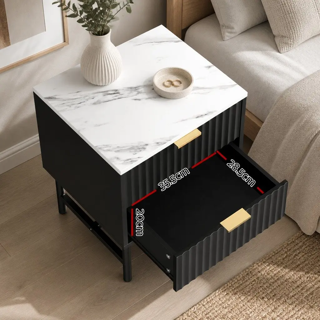 Bedside Table Black White 2 Drawers Compact Storage Nightstand
