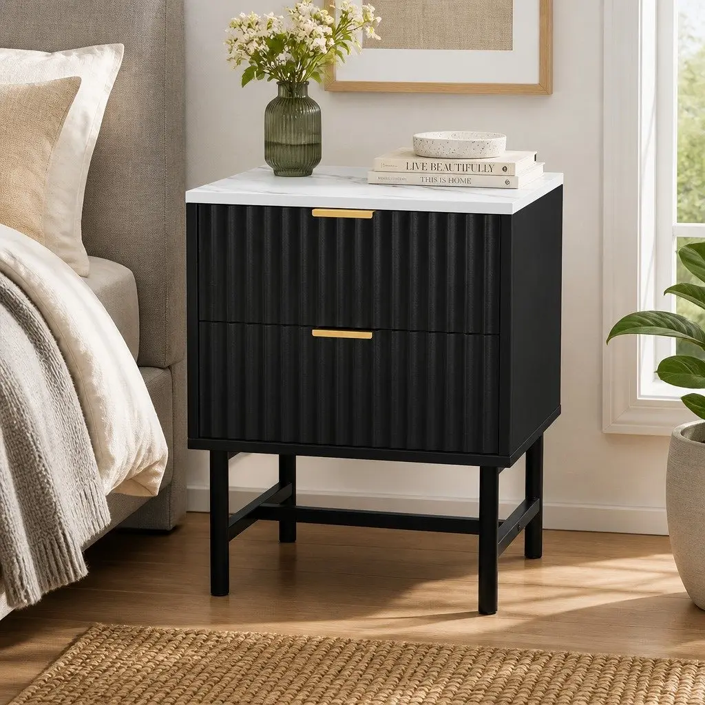 Bedside Table Black White 2 Drawers Compact Storage Nightstand