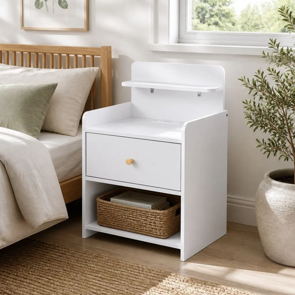 Bedside Table White 40cm with Drawer and Integrated Charging Station
