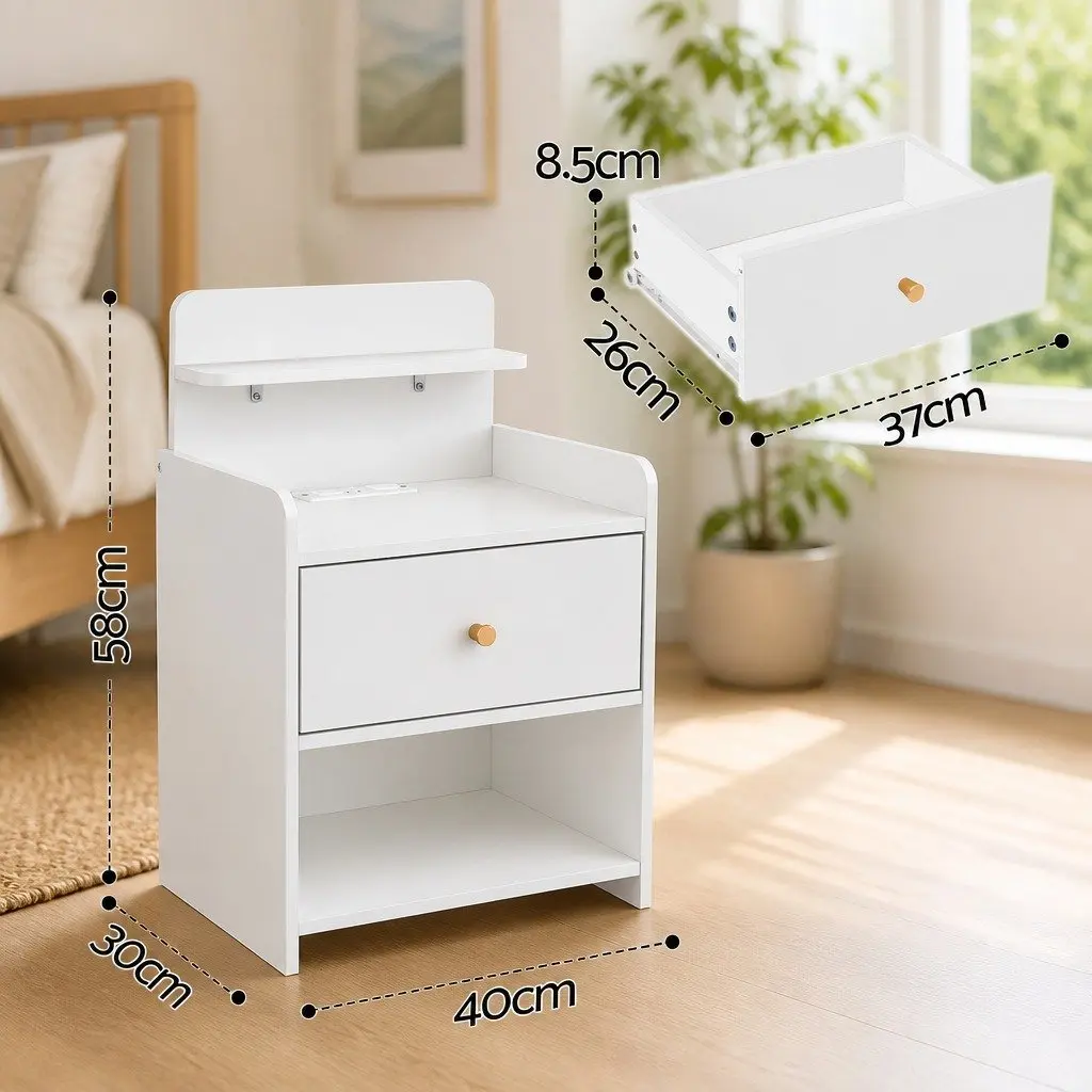 Bedside Table White 40cm with Drawer and Integrated Charging Station