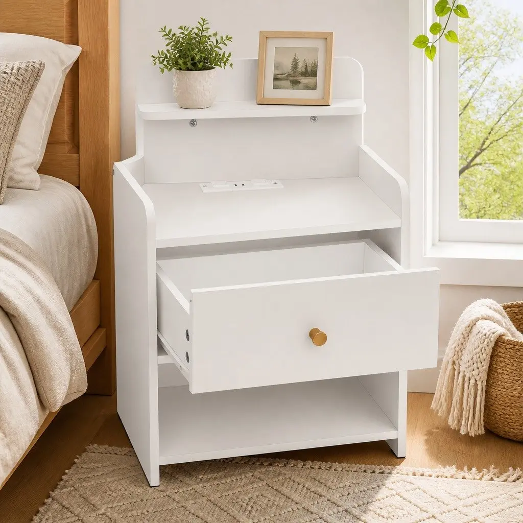 Bedside Table White 40cm with Drawer and Integrated Charging Station