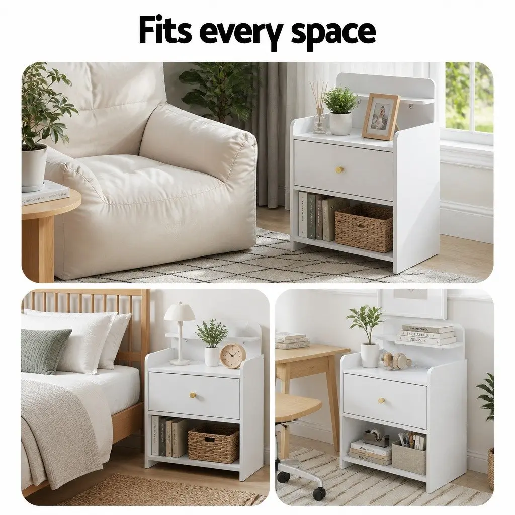 Bedside Table White 40cm with Drawer and Integrated Charging Station
