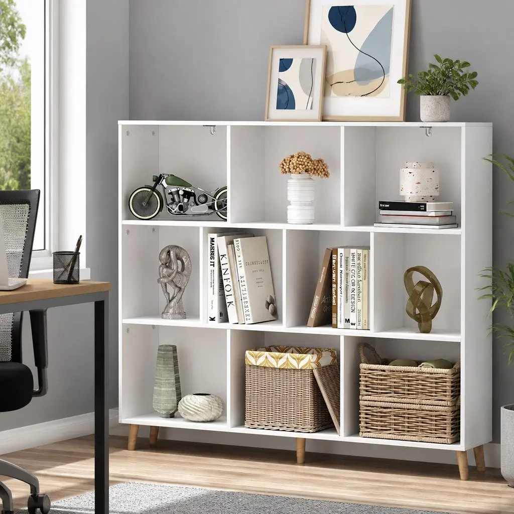 Bookshelf White 3 Tier 10 Cube Storage Display Unit with Pine Wood Legs