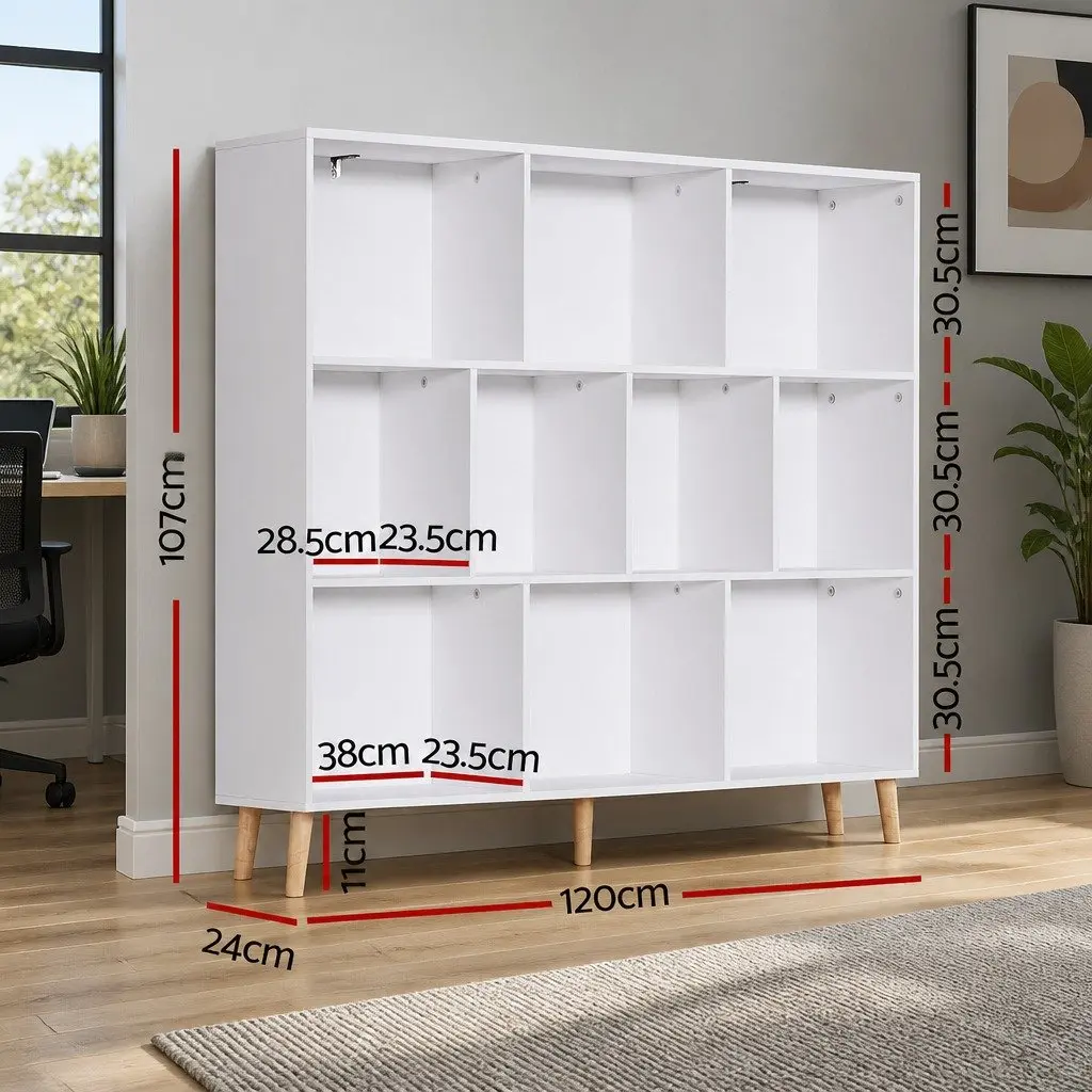 Bookshelf White 3 Tier 10 Cube Storage Display Unit with Pine Wood Legs
