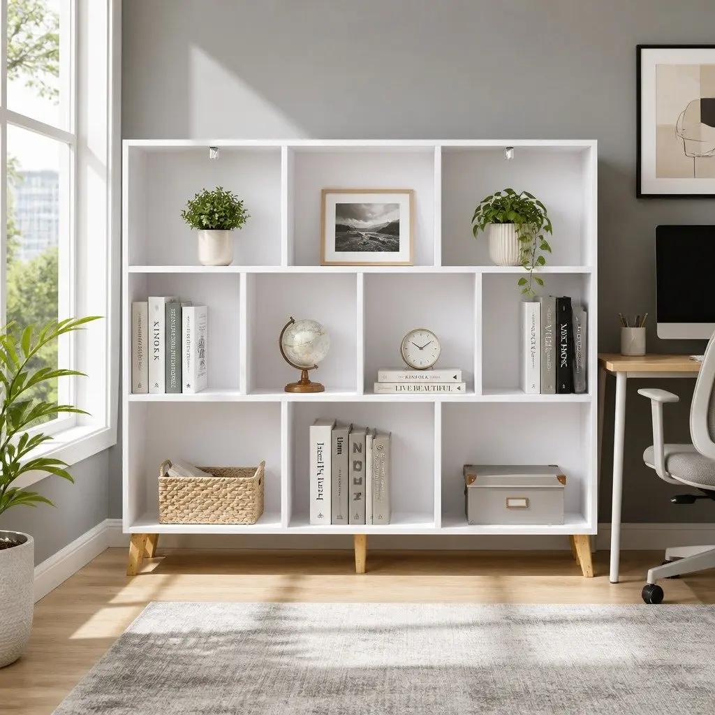 Bookshelf White 3 Tier 10 Cube Storage Display Unit with Pine Wood Legs