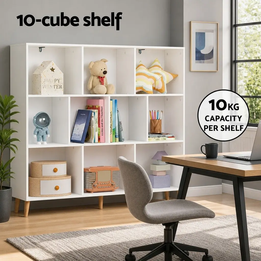 Bookshelf White 3 Tier 10 Cube Storage Display Unit with Pine Wood Legs