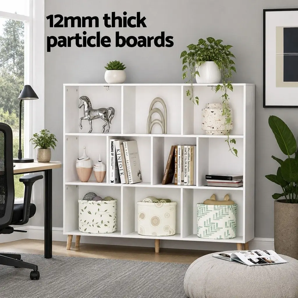 Bookshelf White 3 Tier 10 Cube Storage Display Unit with Pine Wood Legs