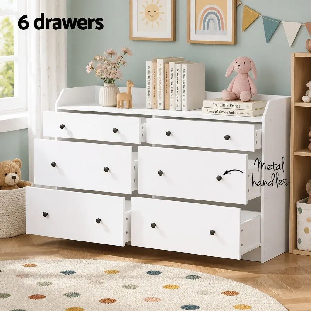White 6 Drawer Tallboy Chest of Drawers Contemporary Bedroom Storage Unit
