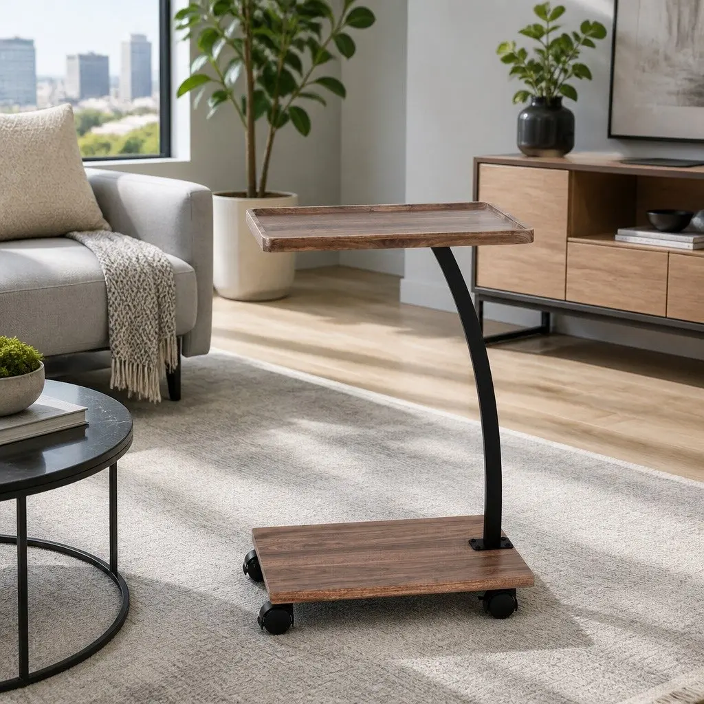 C Shaped Coffee Table Walnut Mobile Side Table 30cm W x 40cm D x 59cm H Stable Structure with Wheels
