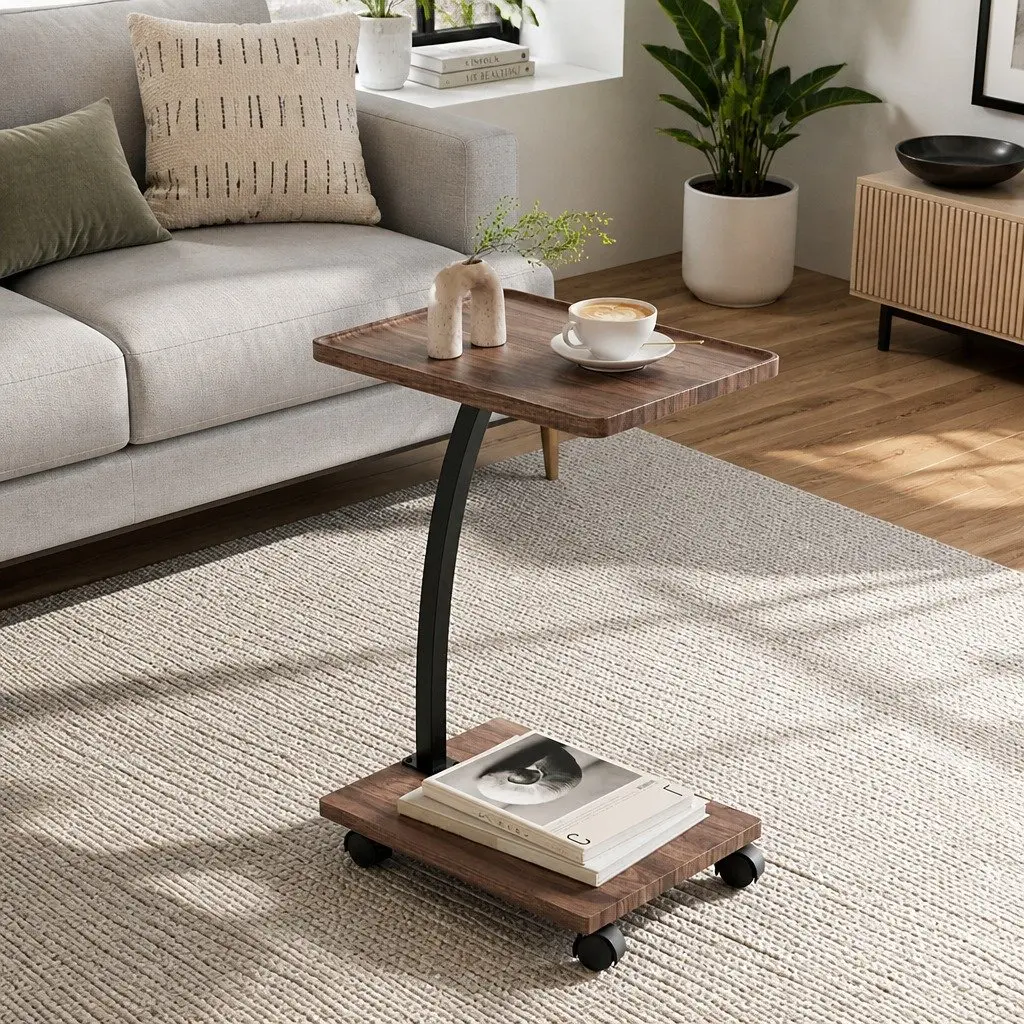 C Shaped Coffee Table Walnut Mobile Side Table 30cm W x 40cm D x 59cm H Stable Structure with Wheels
