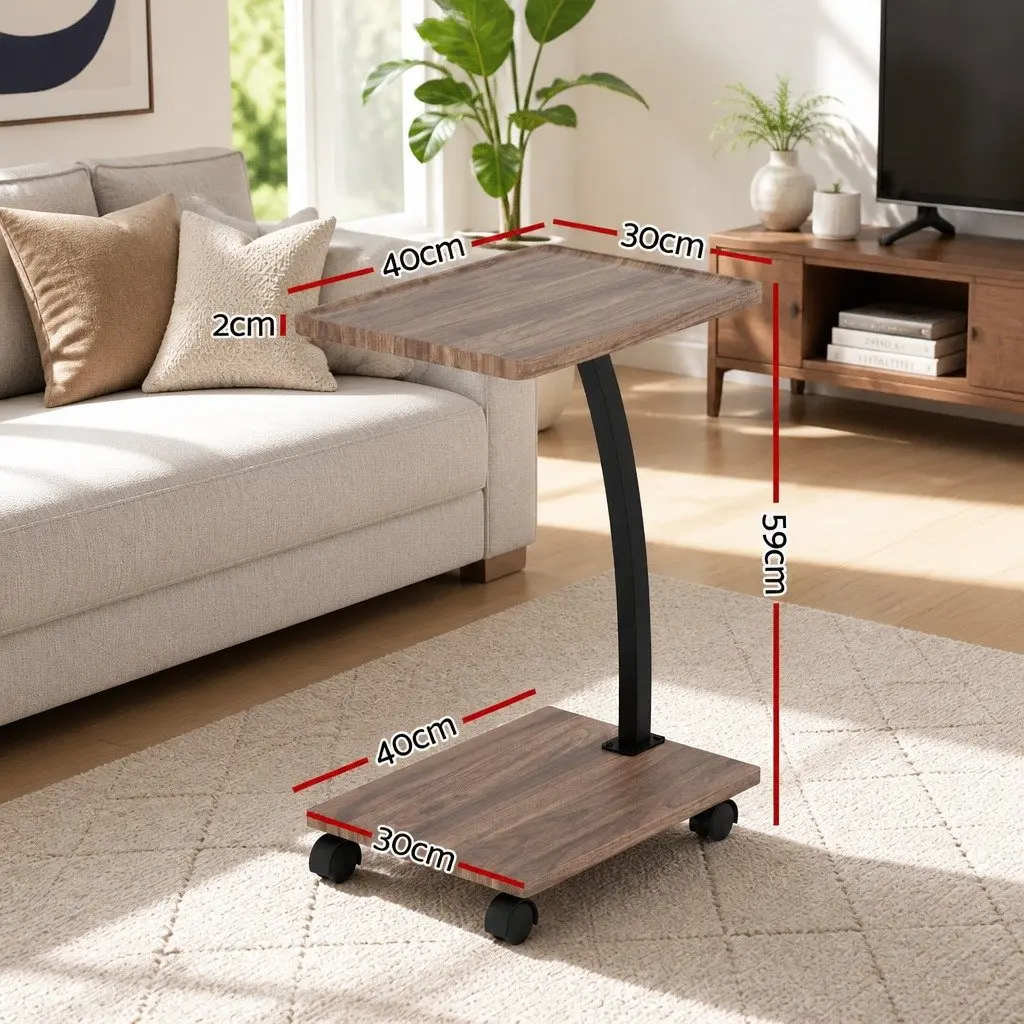 C Shaped Coffee Table Walnut Mobile Side Table 30cm W x 40cm D x 59cm H Stable Structure with Wheels
