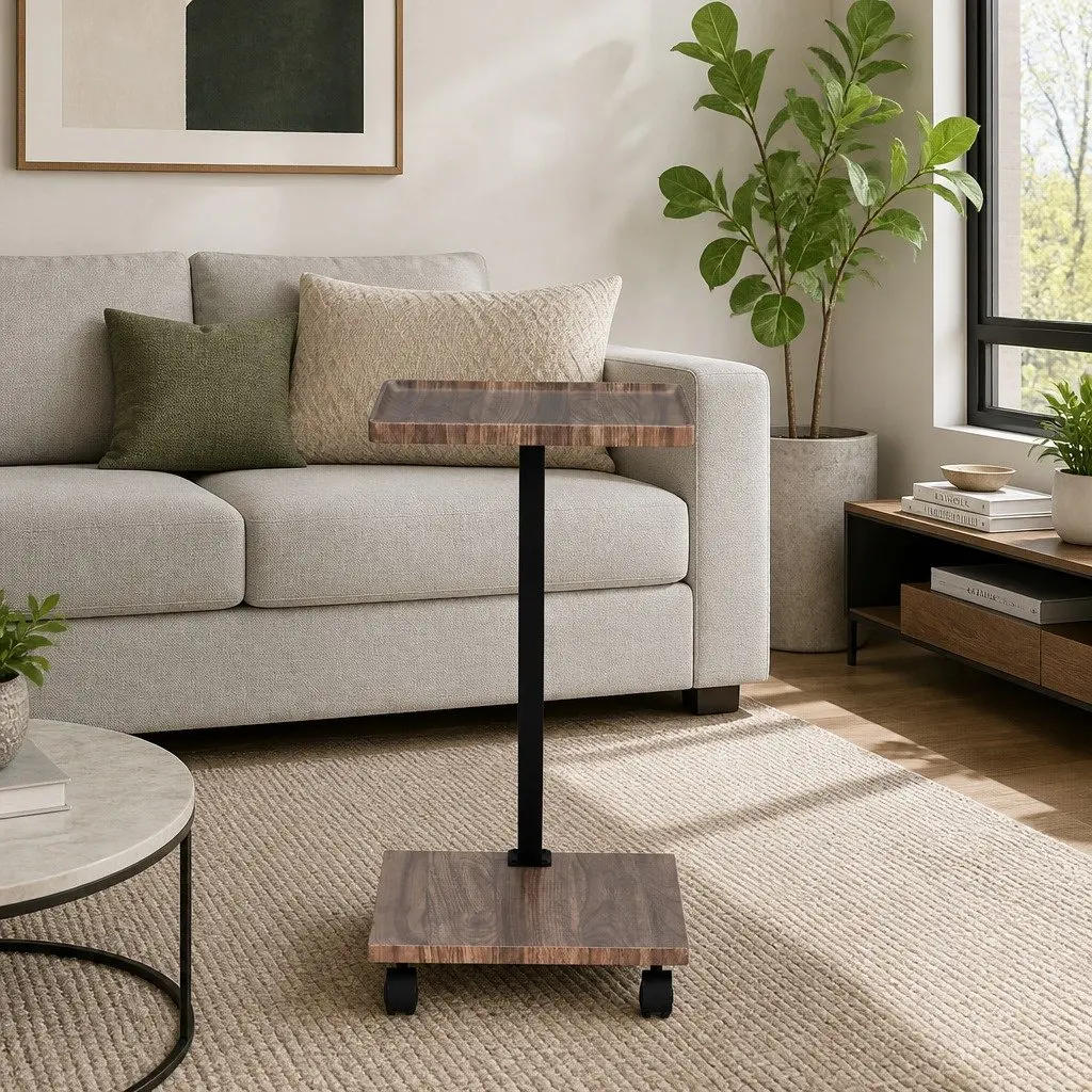 C Shaped Coffee Table Walnut Mobile Side Table 30cm W x 40cm D x 59cm H Stable Structure with Wheels