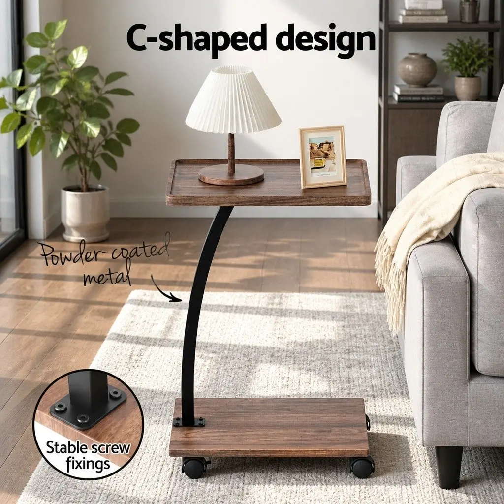 C Shaped Coffee Table Walnut Mobile Side Table 30cm W x 40cm D x 59cm H Stable Structure with Wheels