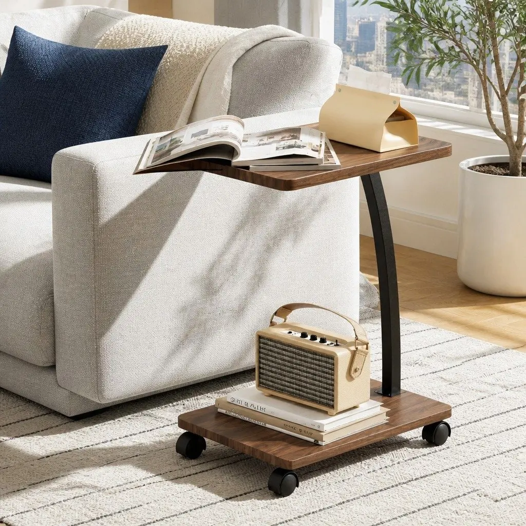 C Shaped Coffee Table Walnut Mobile Side Table 30cm W x 40cm D x 59cm H Stable Structure with Wheels