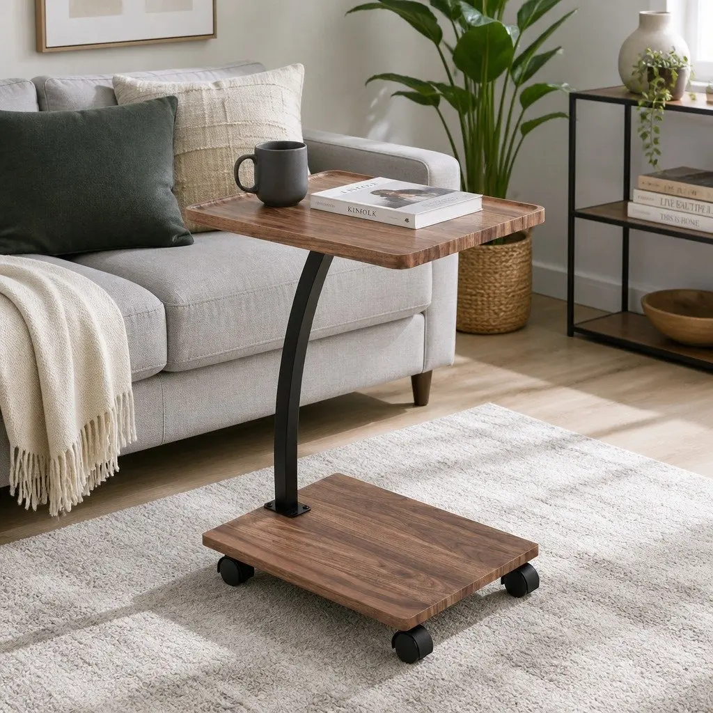 C Shaped Coffee Table Walnut Mobile Side Table 30cm W x 40cm D x 59cm H Stable Structure with Wheels