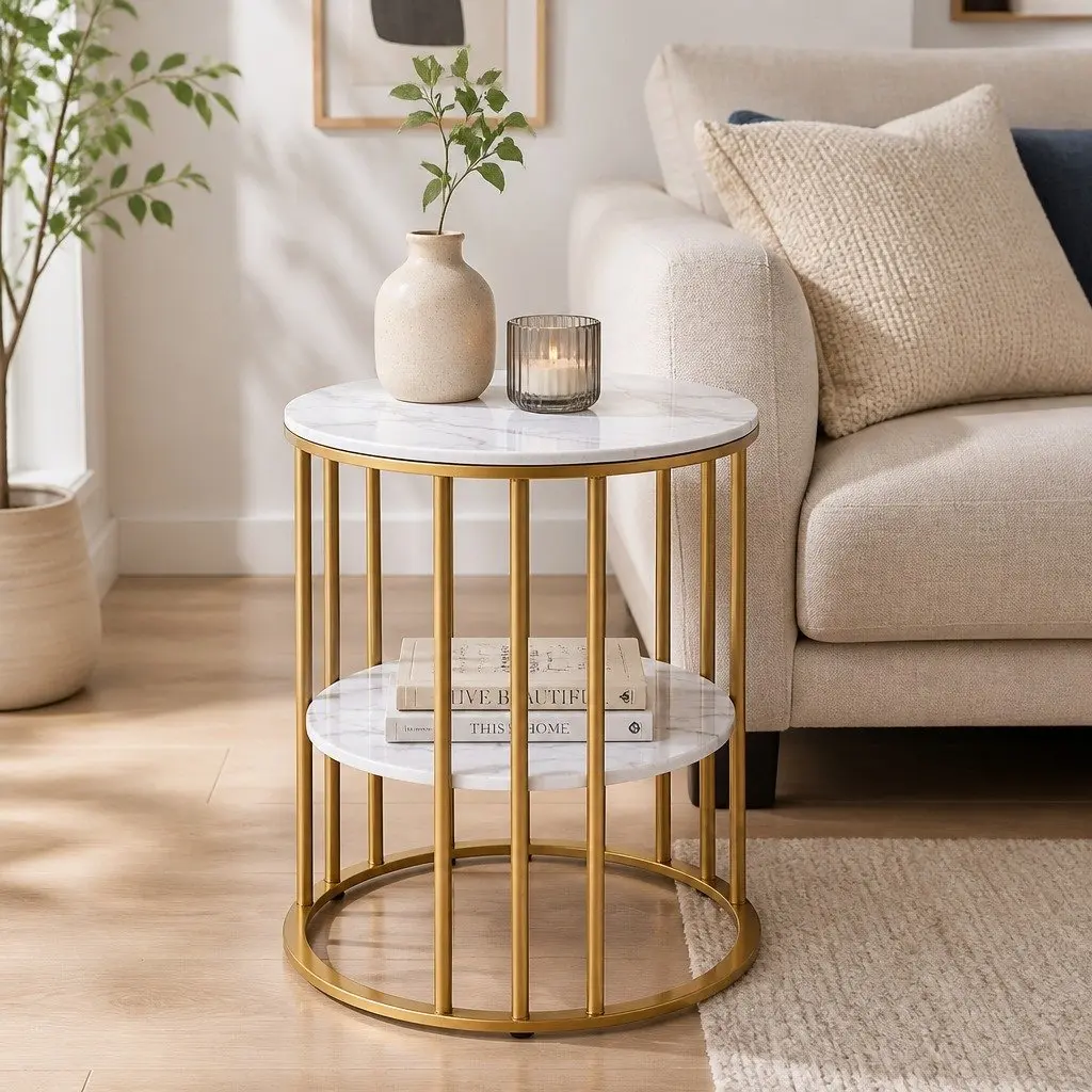 Round Coffee Table White Gold 2-Tier Marble Effect Storage Furniture