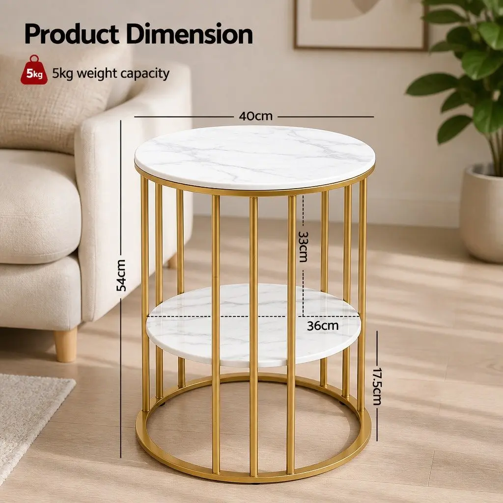 Round Coffee Table White Gold 2-Tier Marble Effect Storage Furniture