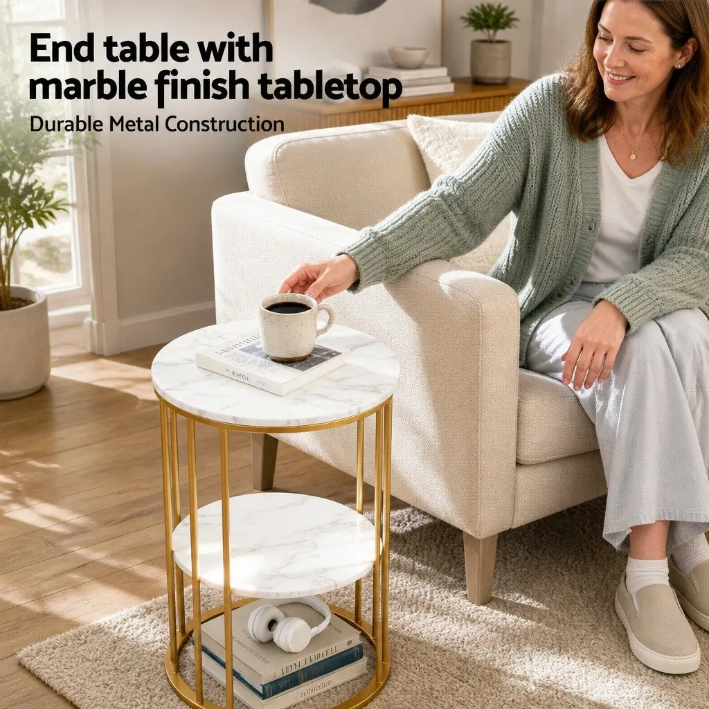 Round Coffee Table White Gold 2-Tier Marble Effect Storage Furniture