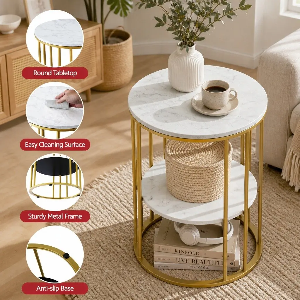 Round Coffee Table White Gold 2-Tier Marble Effect Storage Furniture
