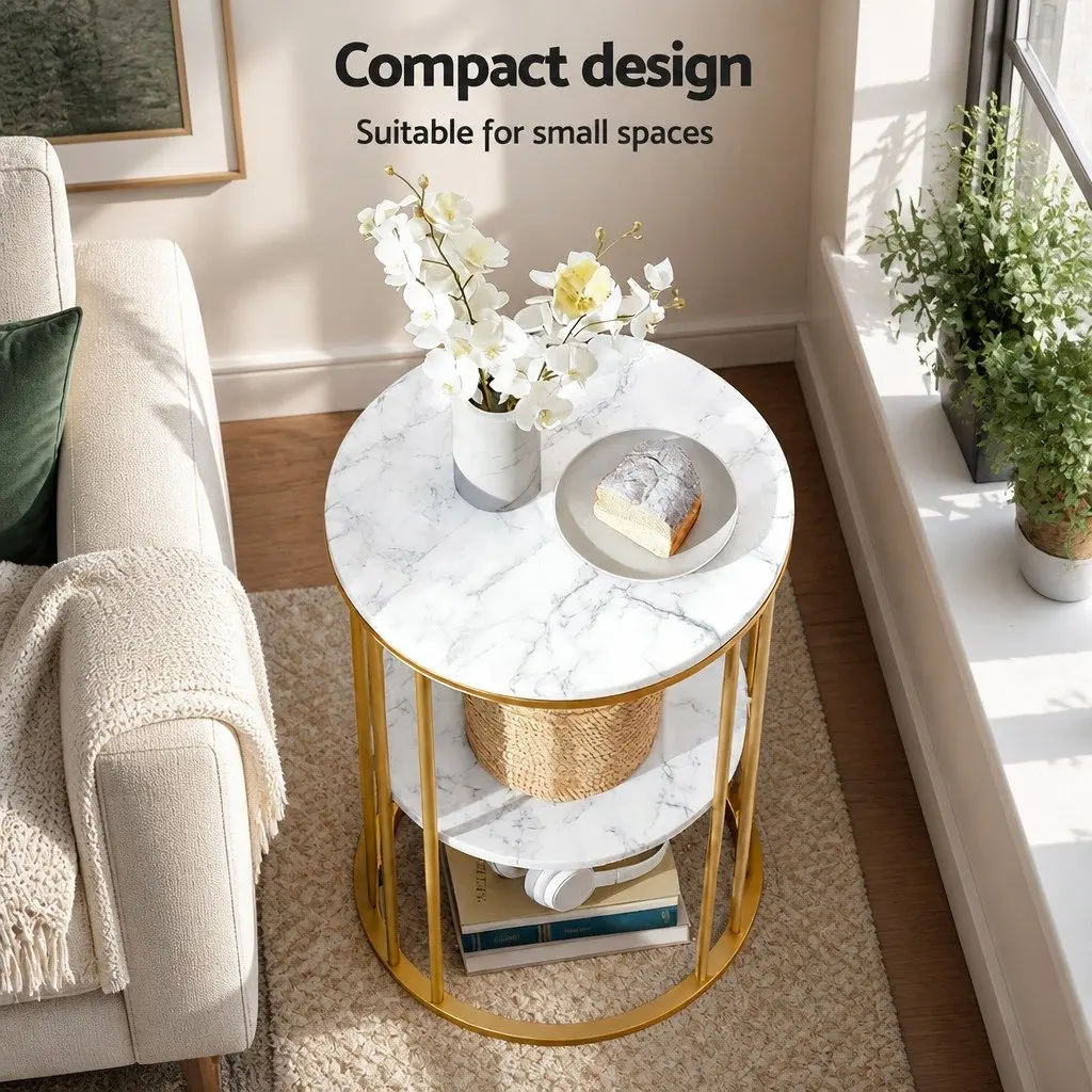 Round Coffee Table White Gold 2-Tier Marble Effect Storage Furniture