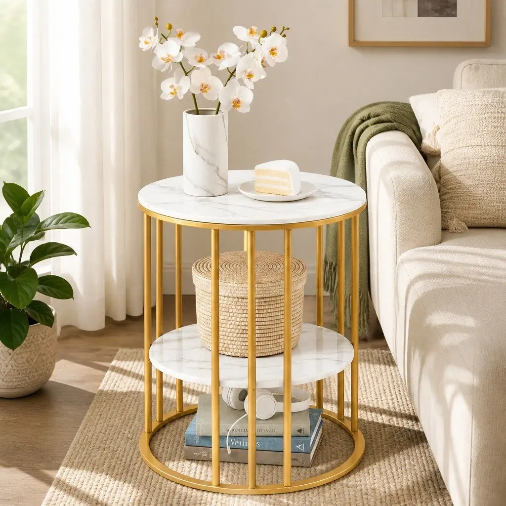 Round Coffee Table White Gold 2-Tier Marble Effect Storage Furniture