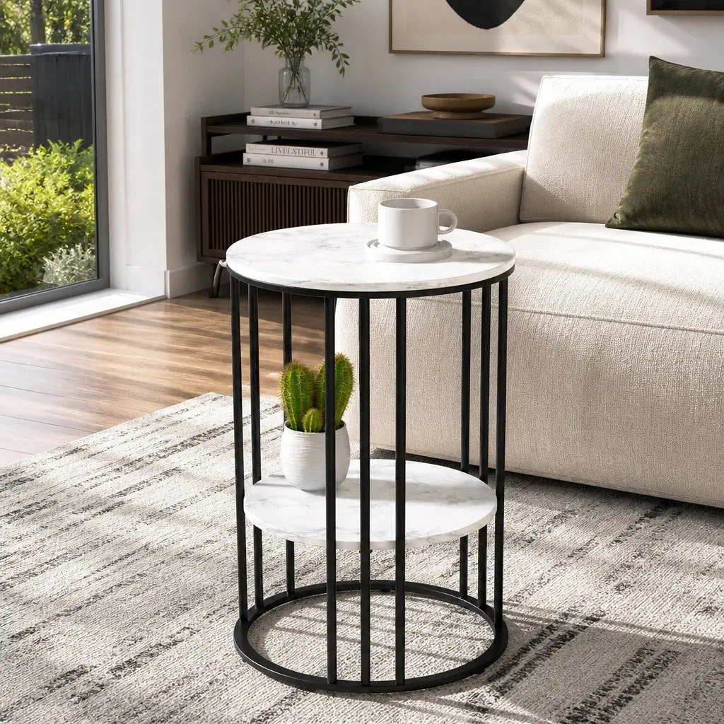 Coffee Table Beige 40cm 2-Tier Round Marble Effect Storage Furniture