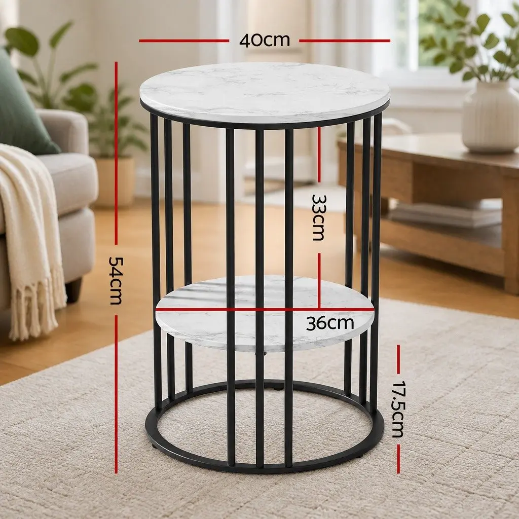 Coffee Table Beige 40cm 2-Tier Round Marble Effect Storage Furniture