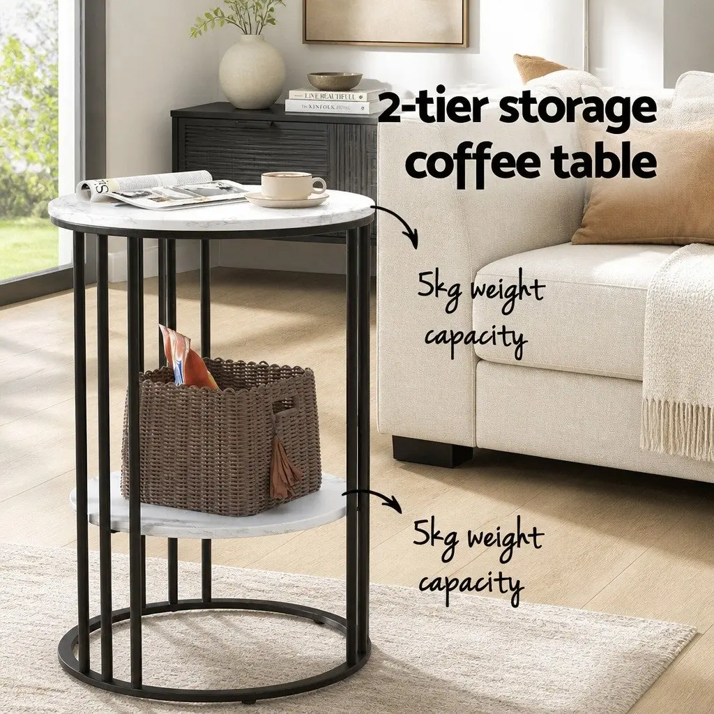 Coffee Table Beige 40cm 2-Tier Round Marble Effect Storage Furniture
