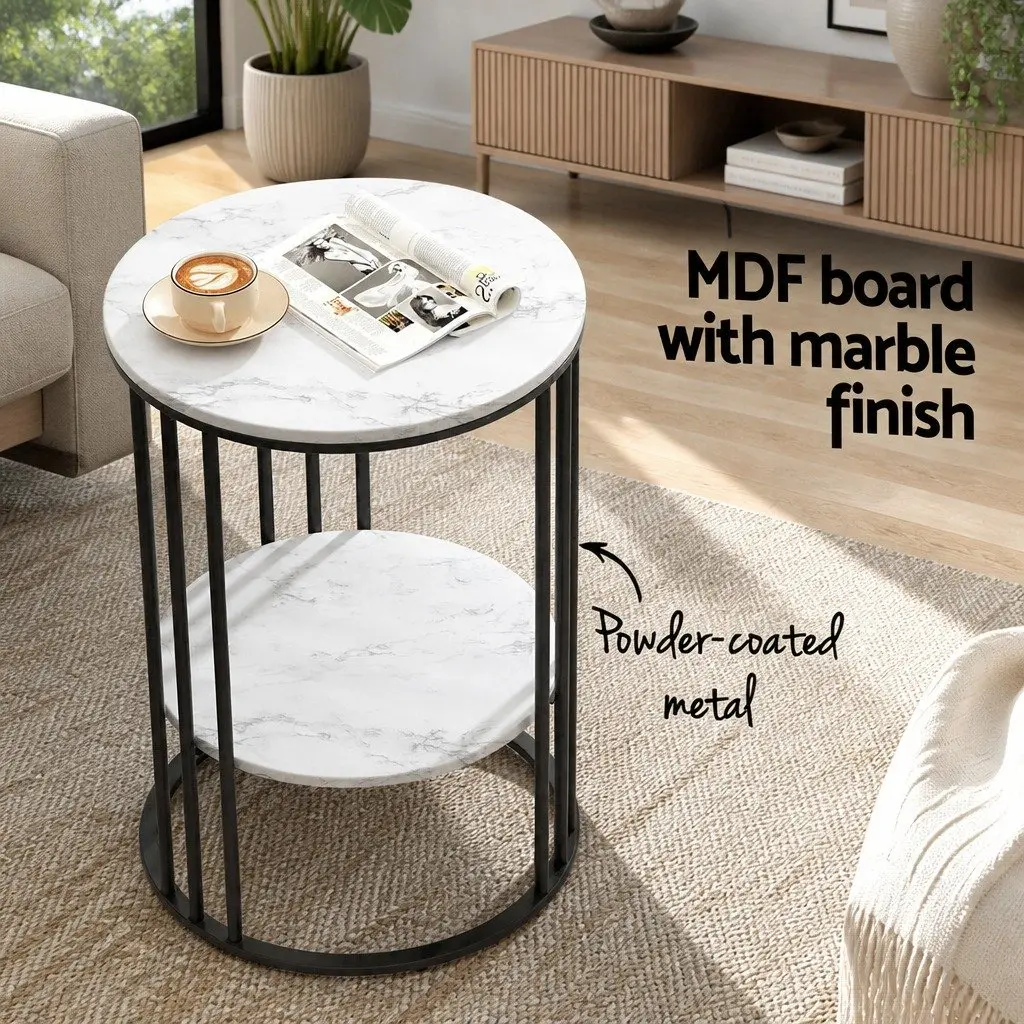 Coffee Table Beige 40cm 2-Tier Round Marble Effect Storage Furniture