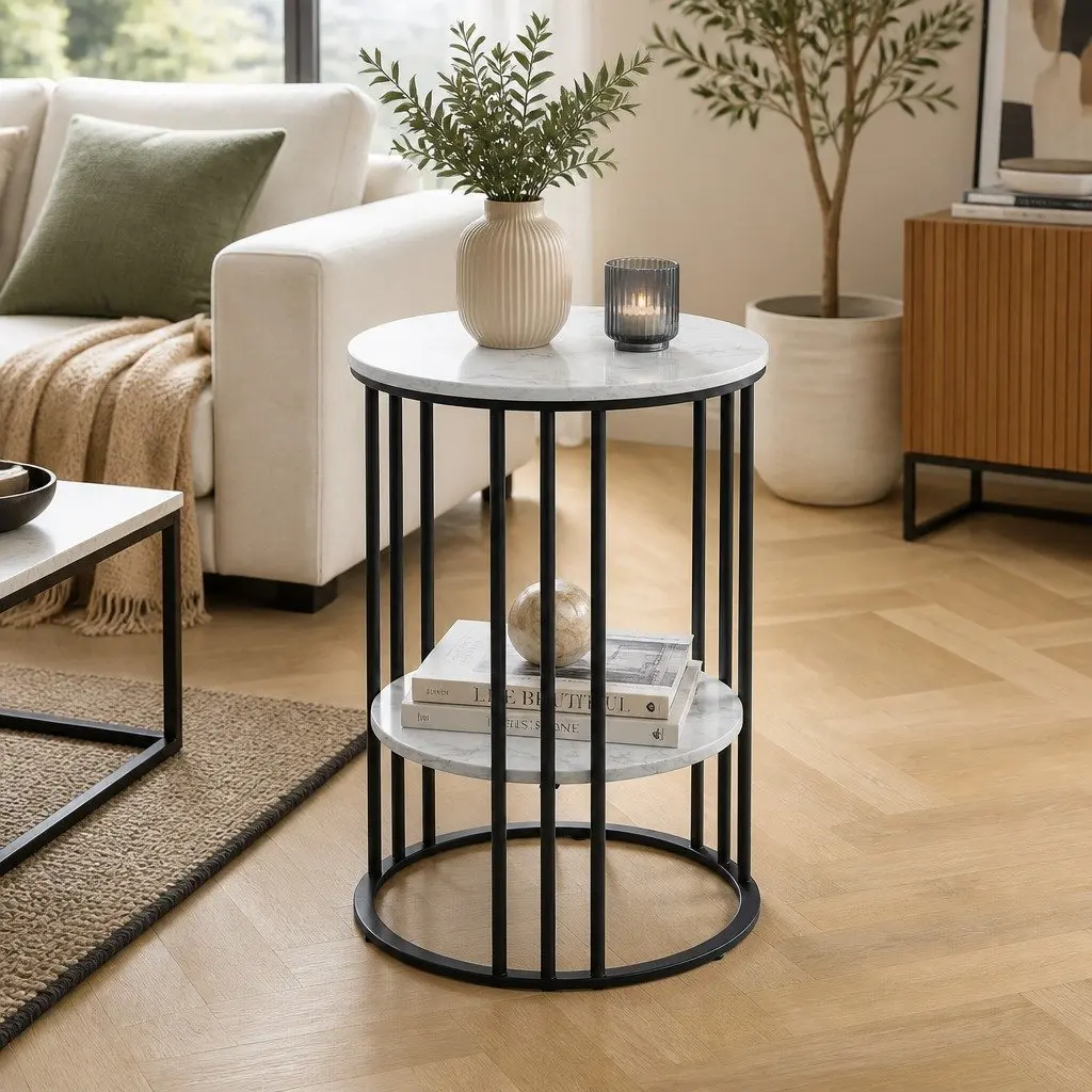 Coffee Table Beige 40cm 2-Tier Round Marble Effect Storage Furniture