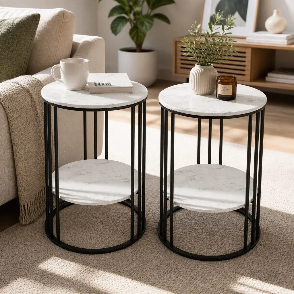 Set of 2 Coffee Tables Beige 2-Tier Marble Effect Metal Frame
