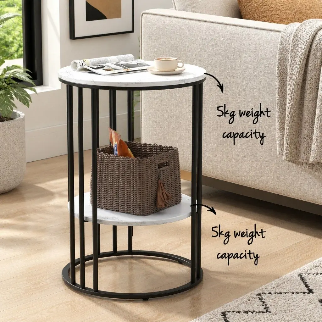 Set of 2 Coffee Tables Beige 2-Tier Marble Effect Metal Frame
