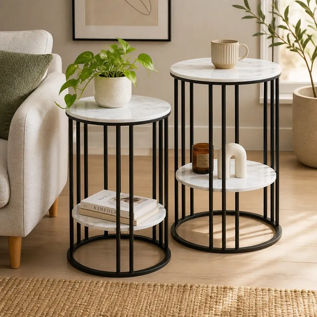 Set of 2 Coffee Tables Beige 2-Tier Marble Effect Metal Frame