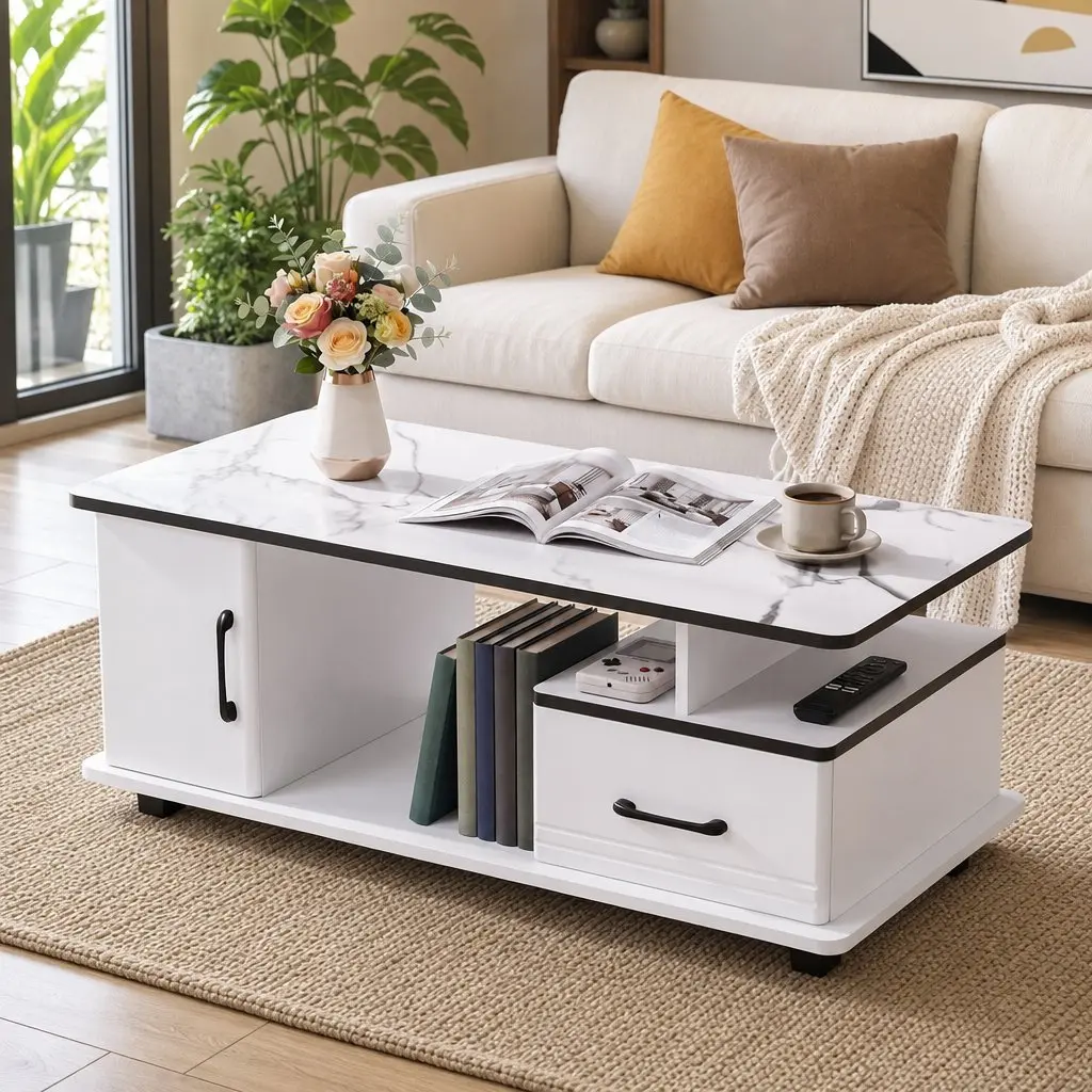 White Marble Coffee Table with Storage Solutions
