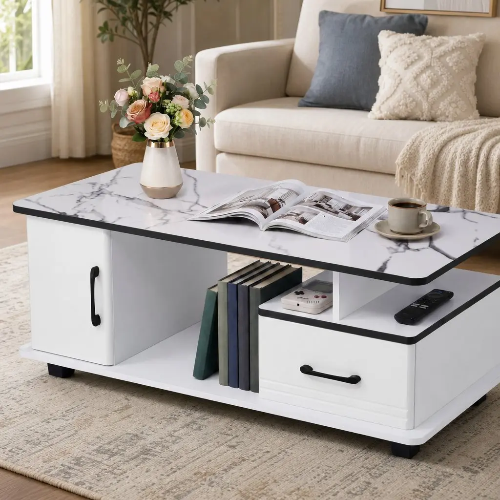 Coffee Table White Marble 100cm with Storage Drawer Open Shelves for Living Room