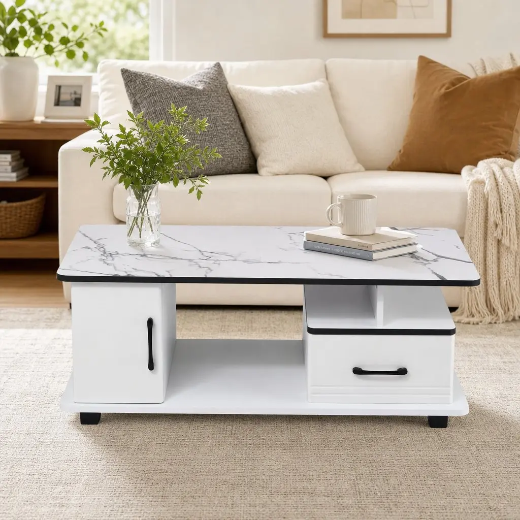 Coffee Table White Marble 100cm with Storage Drawer Open Shelves for Living Room