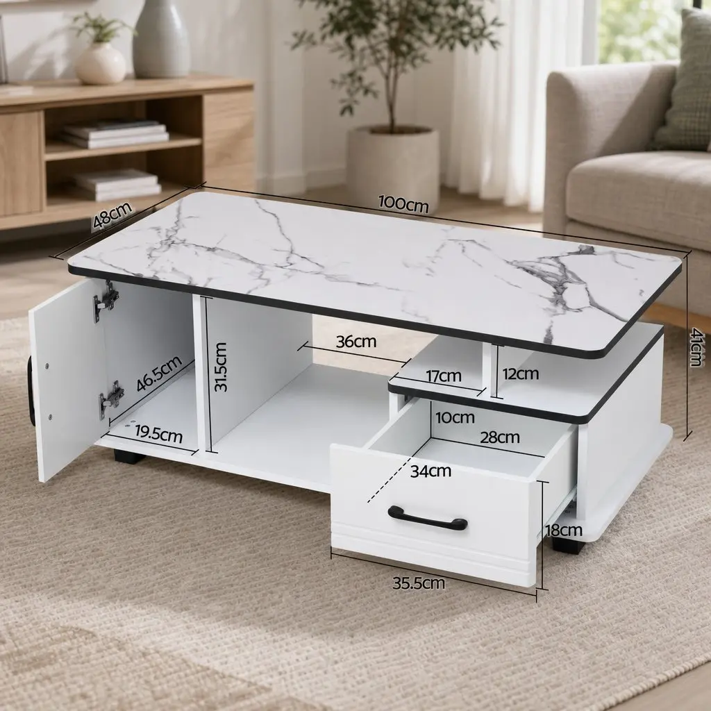 Coffee Table White Marble 100cm with Storage Drawer Open Shelves for Living Room