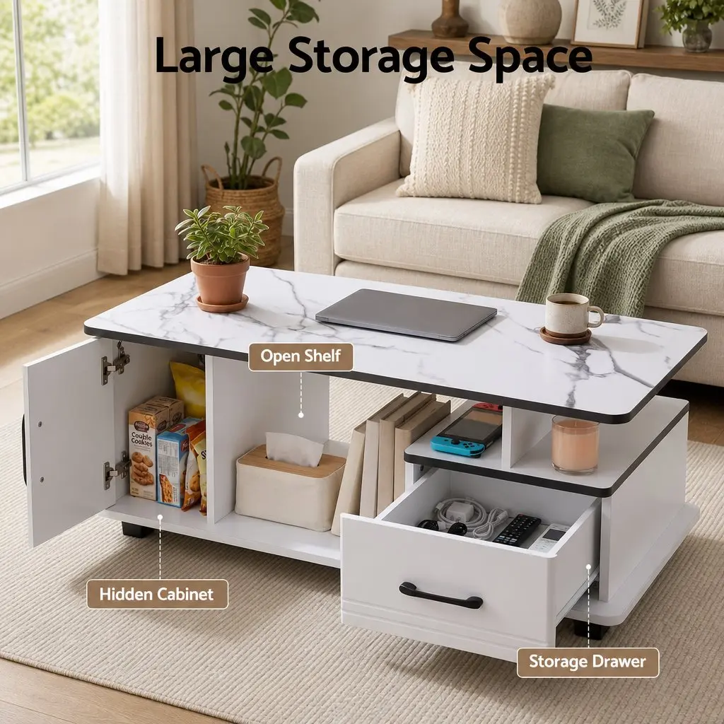 Coffee Table White Marble 100cm with Storage Drawer Open Shelves for Living Room