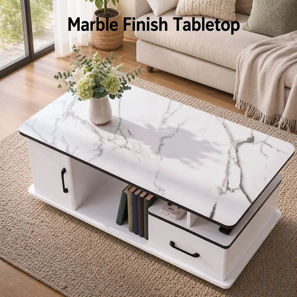 Coffee Table White Marble 100cm with Storage Drawer Open Shelves for Living Room