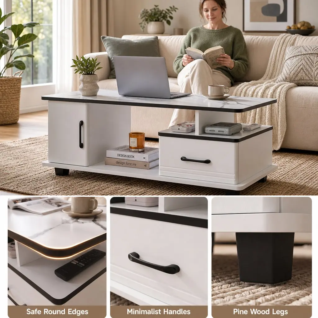 Coffee Table White Marble 100cm with Storage Drawer Open Shelves for Living Room
