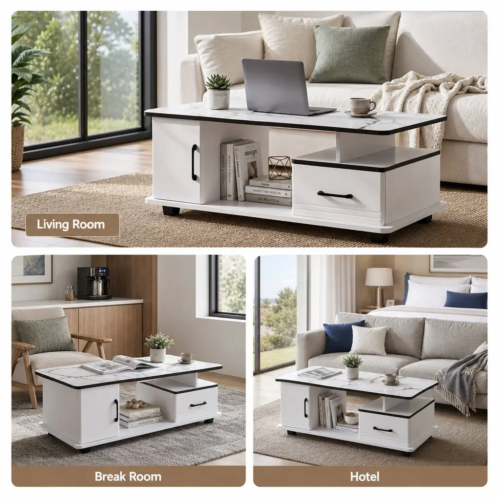 Coffee Table White Marble 100cm with Storage Drawer Open Shelves for Living Room