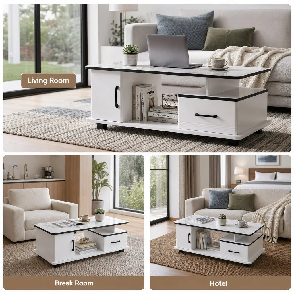 Coffee Table White Marble 100cm with Storage Drawer Open Shelves for Living Room