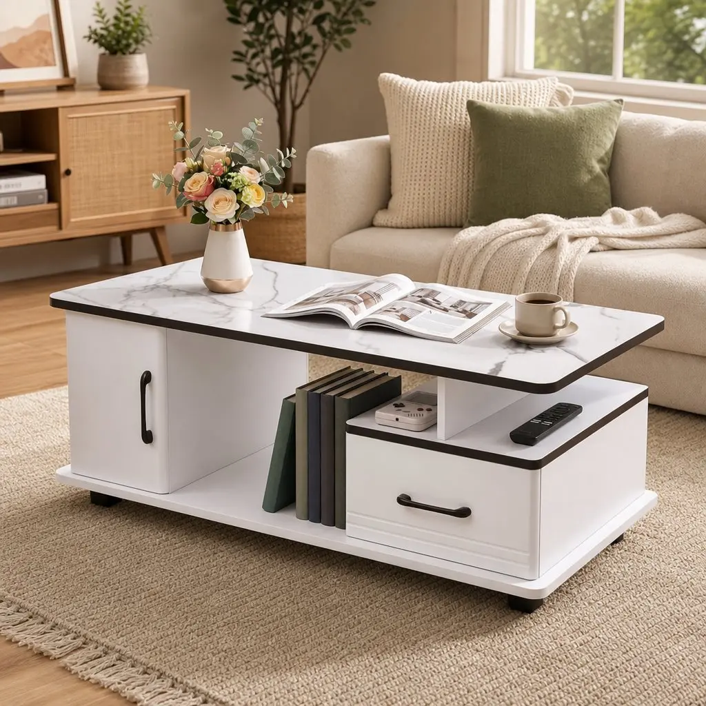 Coffee Table White Marble 100cm with Storage Drawer Open Shelves for Living Room