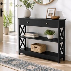 Console Table with USB Outlets 3-Tier Storage Charging Side Table Black