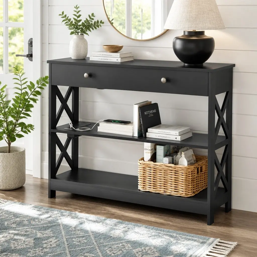 Console Table with USB Outlets 3-Tier Storage Charging Side Table Black