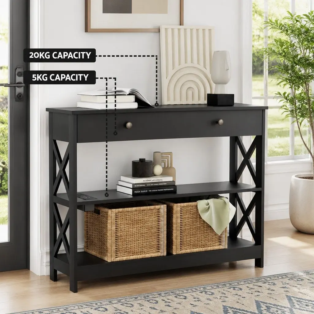 Console Table with USB Outlets 3-Tier Storage Charging Side Table Black