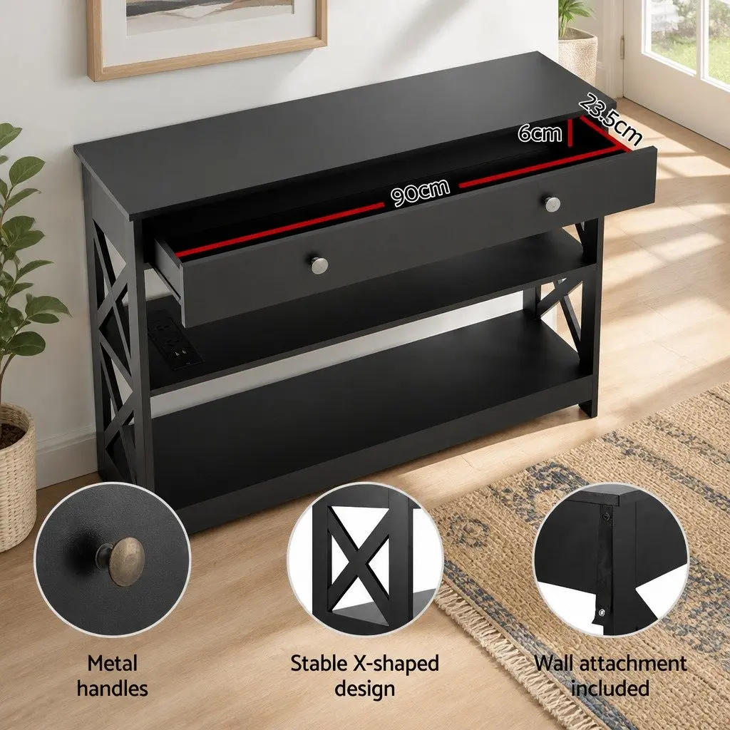Console Table with USB Outlets 3-Tier Storage Charging Side Table Black