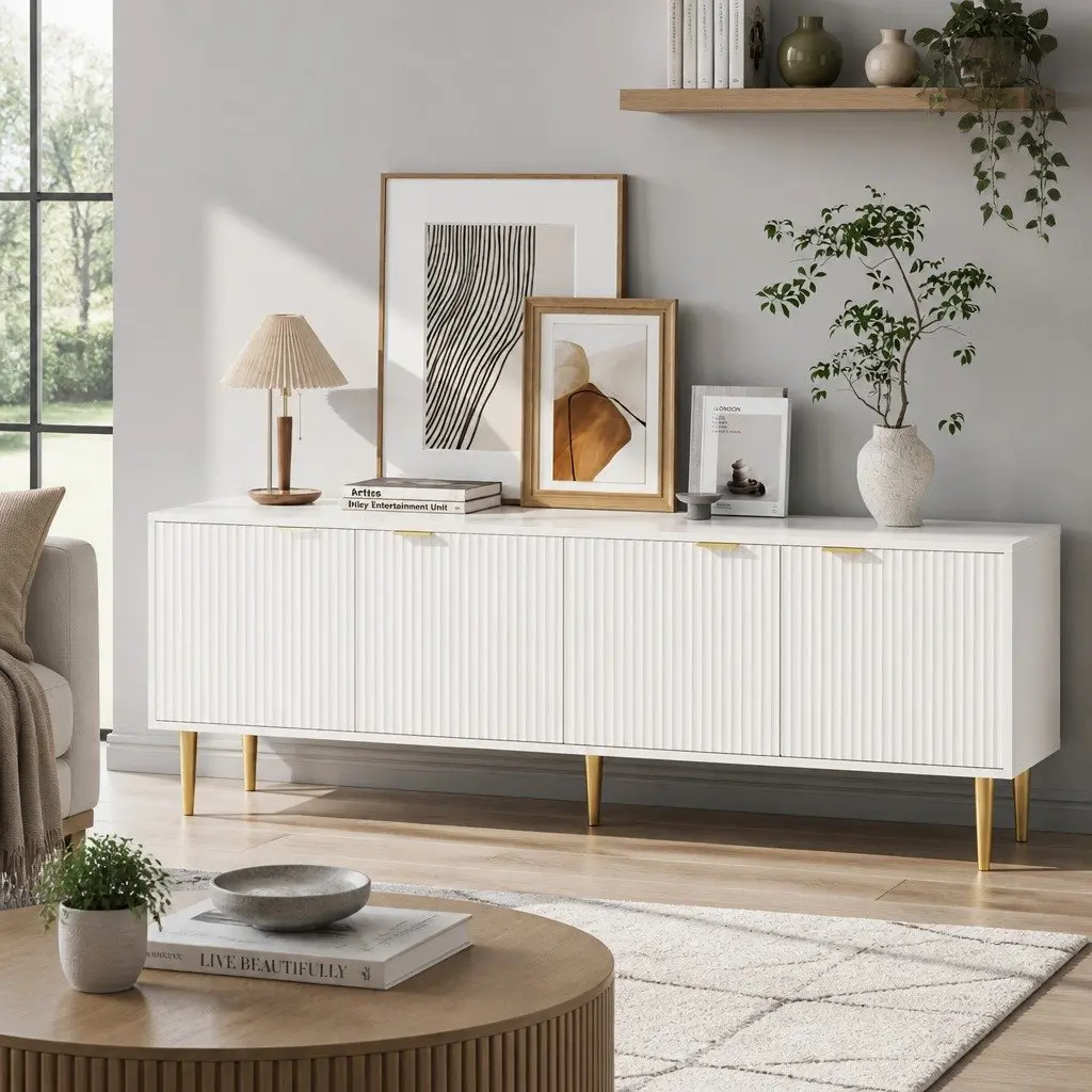 TV Unit White 180CM 4-Door Storage Cabinet with Reeded Panels and Metal Legs